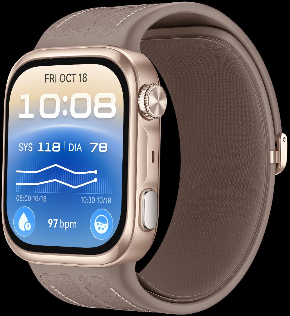 Huawei Watch D3 в кофейно-золотом корпусе крупным планом, на экране — график давления за день