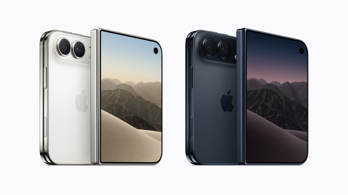 iPhone Duo в двух цветах — звёздный белый и ночное небо — в полураскрытом положении, видны двойная камера и внутренний экран