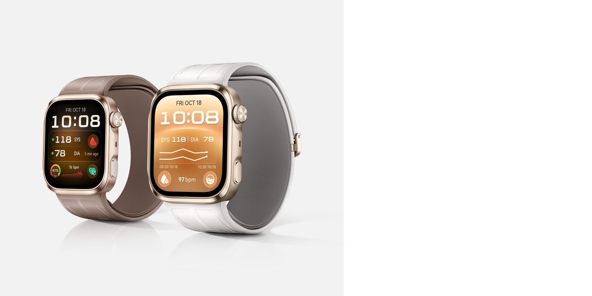 Два Huawei Watch D3 (кофейно-золотой и золотой/белый варианты) с показателями давления SYS/DIA на экране